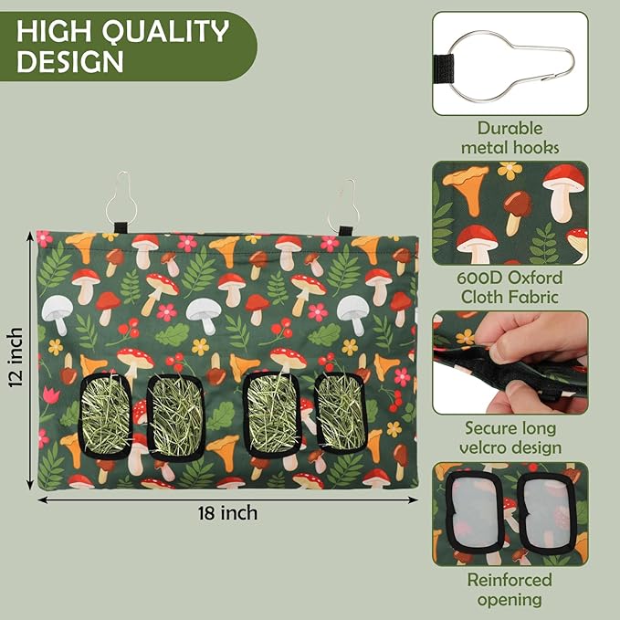 JarThenaAMCS Rabbit Hay Feeder Bag with 4 Holes Mushroom 18 x 12 Inch Guinea Pig Hanging Hay Feeding Bag Storage Dispenser for Chinchilla Hamster Bunny Small Animal Pet