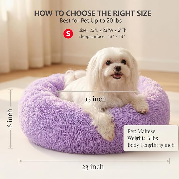 Calming Donut Dogs Beds for Small Dogs Washable,23inch Plush Round Pet Bed for Cozy Sleep,Fluffy Faux Fur Large Cat Bed,Fits up to 25 lbs Pets,Purple