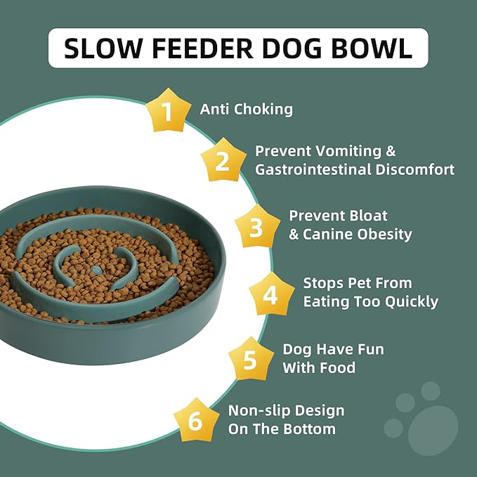 Havniva Ceramic 1.6 Cup Slow Feeder Dog Bowl for Medium and Large Breed, 8.2inch Puzzle Dog Food Dish, Anti-Gulping, Stop Bloat, Preventing Choking (Single Bowl-Dark Green)