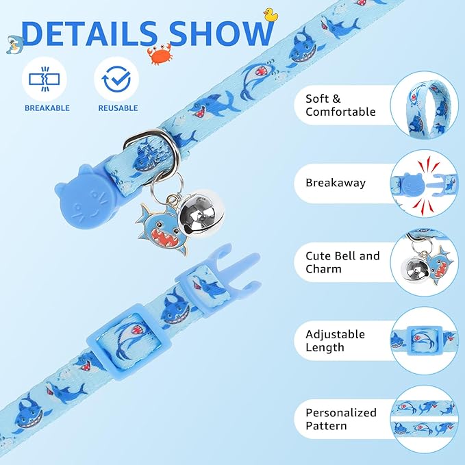 SCENEREAL Summer Breakaway Cat Collar with Bell, 3 Pack Adjustable Safety Cat Collar for Boy and Girl Cats, Cute Kitten Collar for Kitty Puppy Small Pets, Sharks & Ducks & Crabs