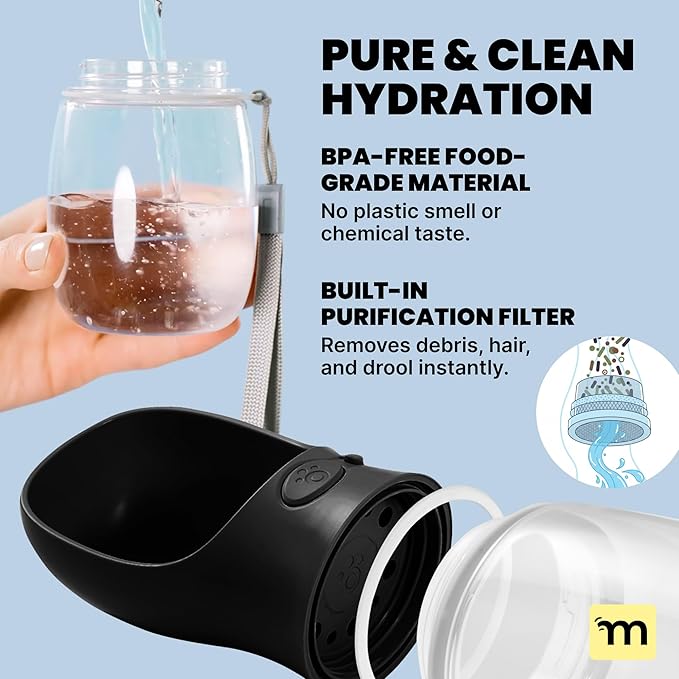 MalsiPree Dog Water Bottle - 19 Oz, Black, BPA-Free - Portable & Lightweight Water Dispenser with Bowl for Dogs - Leak-Proof for Travel, Trail Hiking, Park Visit, Camping & Beach Days