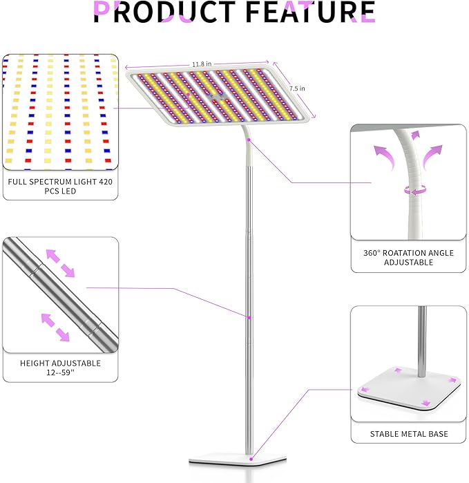 48W Grow Lights for Indoor Plants with Stand, Full Spectrum LED Plant Light for Indoor Plants,12-59 Inches Height Adjustable Growing Lamp with Auto On/Off Timer 4H/8H/12H, 4 Dimmable Brightness | 420 LEDs Full Spectrum Plants Growing Light, 12-60" Heig...