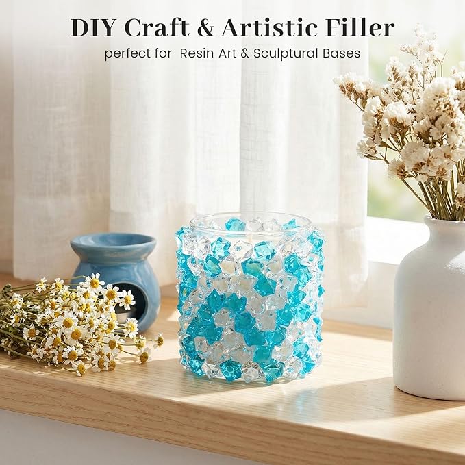 DOMESTAR Mixed Blue and Clear Fake Ice, 150 PCS Acrylic Crystal Vase Filler | Fake Diamonds for Table Centerpieces Wedding Party, Fish Tanks Decor Table Scatter DIY Craft Supplies Food Display