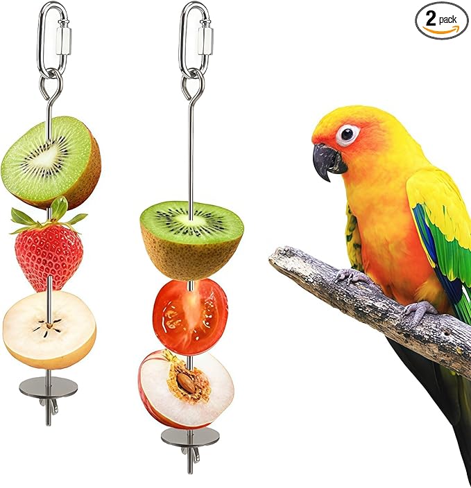 2 Pcs Bird Cage Food Holder Stainless Steel Parrot Fruit & Vegetable Skewer Hanging Foraging Toy for Parakeets, Budgies, Macaws