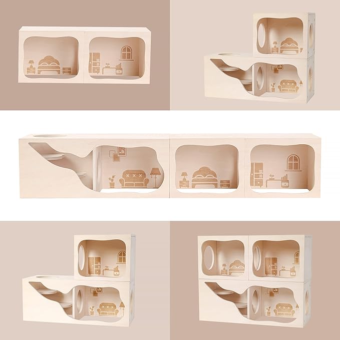 Hamster Hideout Wooden House Chamber Small Animals Pets Tunnel Exploring Toys Secret Peep Shed for Dwarf Hamsters, Syrian Hamsters, Gerbils, Hedgehogs, Rats, Mice (Bedroom)