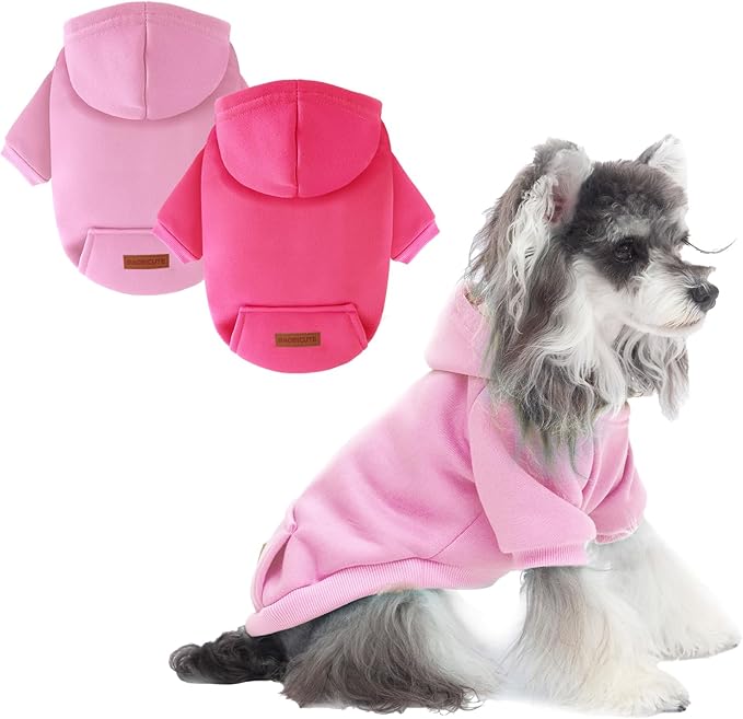2 Pack Dog Hoodie Warm Hood Dog Sweater Cold Weather Small Dogs Sweatshirt Comfort Pet Clothes for Small Medium Dogs with Pockets (Rose+Pink, S (Back: 9.45",Chest: 14.9", 3.5-5.8lbs))