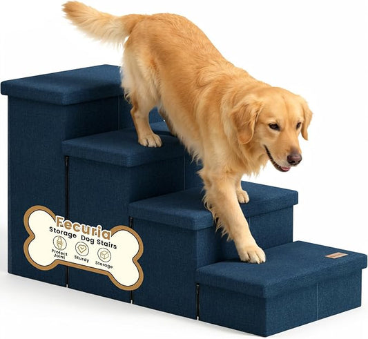 4-Step Wide Dog Stairs with Storage 23" H, Non-Slip Sturdy Pet Steps for High Bed Couch Window, Pet Stairs for Small/Medium/Large Old Dogs Cats Up to 220lbs, Cat Dog Steps for Car/SUV, Navy