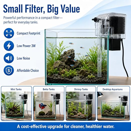 SLOCME Mini Waterfall Aquarium Filter, Adjustable Flow Hang-on-Back Filter for 1-10 Gallon Fish Tanks, Quiet 3W Filter for Betta Fish, Shrimp & Small Aquariums