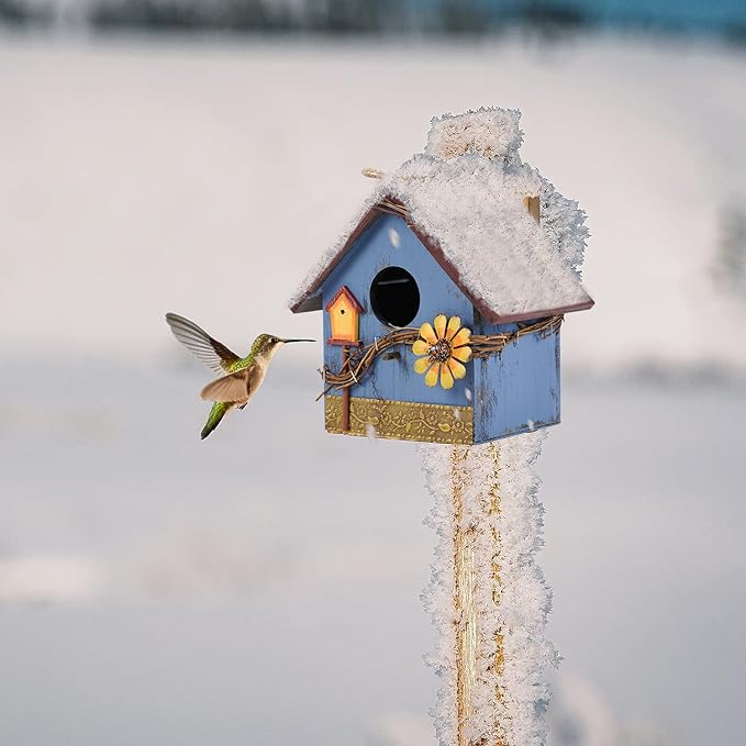 Hanging Bird Houses for Outside Decorative Birdhouse, Garden Bird Feeders for Outdoors, Blue Wooden Bird Nest Box for Wren Finchs Hummingbird Cardinal Bluebird Wild Birds, Gift for Bird Lovers