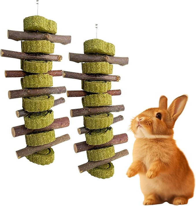 MANON ROSA 2 Pcs Natural Bunny Chew Toys for Dental Health - Apple Wood Bamboo Timothy Grass Sticks Grinding Treats for Rabbits Guinea Pigs Chinchillas Hamsters (Apple Wood)