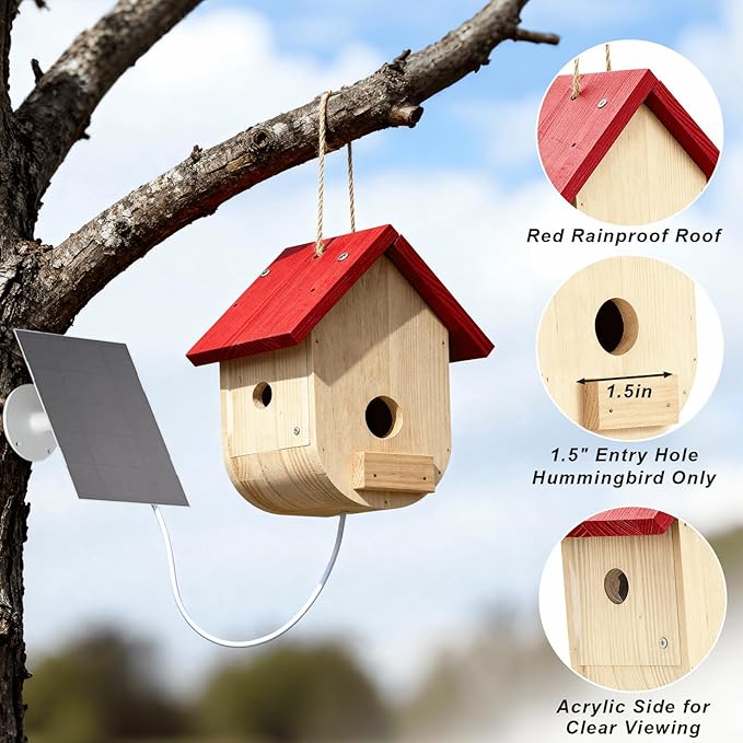 Hummingbird House with Camera Solar Powered, HD Full Color Night Vision Bird Camera, 2.4G WiFi & App Notify, Watch Bird Nesting & Hatching in Real Time, Ideal Gift for Bird Lovers