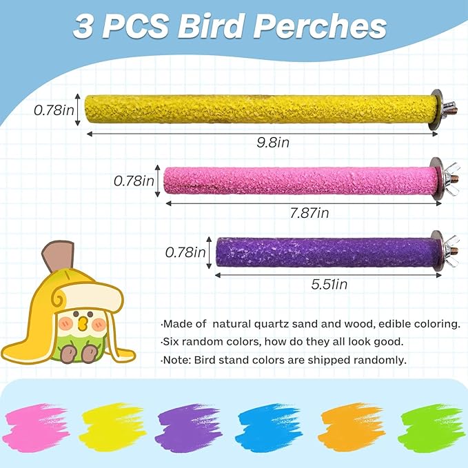 PIVBY Wood Bird Cage Perch Colorful Parrot Stand Toy Platform Paw Grinding Stick for Small Medium-Sized Bird Parakeet Cockatiel Conure Budgies Lovebird Canary Colors Vary Pack of 3