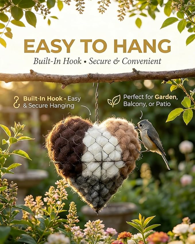 Handmade Alpaca Fiber Bird Nesting Heart, Birds Nests Material Holder, Winter Tree Shelter for Wild Bird, Hummingbird Houses Nest Boxes Gifts for Outside Garden Art Birdhouse, Birds Lovers