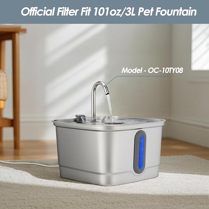 SEIRMEP Stainless Steel Cat Water Fountain, 101oz/3L Automatic Pet Water Fountain, Dog Water Fountain for Cats, Small Dogs (The Set Only Include Official 4 Packs Replacement Filters & Sponges)