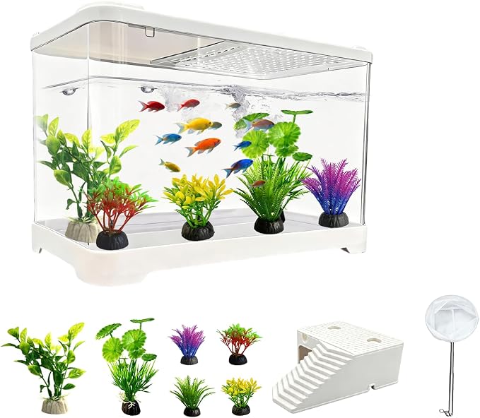 2 Gallon Plastic Betta Fish Tank, Unbreakable Small Portable Fish Bowl - Desktop Aquarium Starter Kit,Clear Rectangular Fish Tank for Goldfish Aquatic Shrimp, 9-Piece Set for Home Decoration.