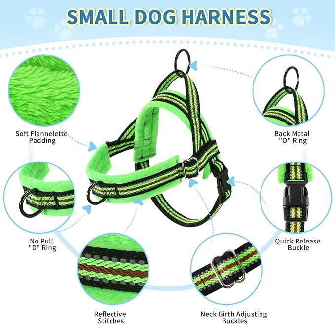 Lukovee No Pull Dog Harness and Leash Set, Soft Padded Small Dog Harness, Neck & Chest Adjustable Reflective Vest Puppy Harness with 4ft Lightweight Anti-Twist Dog Leash for Small Dogs (S, Green)