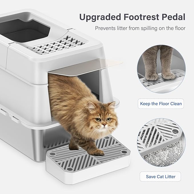Aphyxen Stainless Steel Litter Box with Lid, XL Extra Large Enclosed Cat Litter Box Fits All Cats Modular Design with Flip Cover, Top Entry Metal High Sided Cat Box & Pedal & Scoop (White)