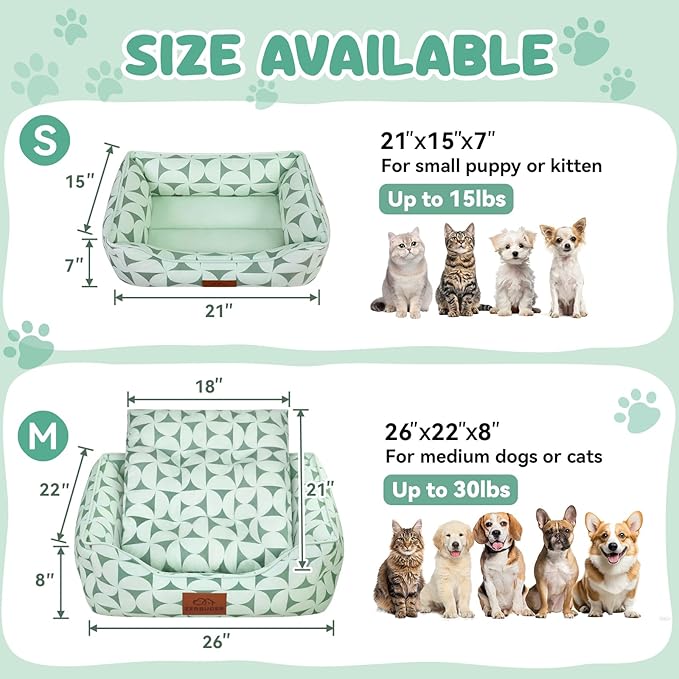 Zerbuger Rectangle Cat Dog Bed for Large Medium Small Pets Indoor Outdoor Machine Washable Sleeping Sofa Non-Slip Bottom Soft Puppy Bed Durable Orthopedic Calming Pet Cuddler (Medium, Green Pattern)