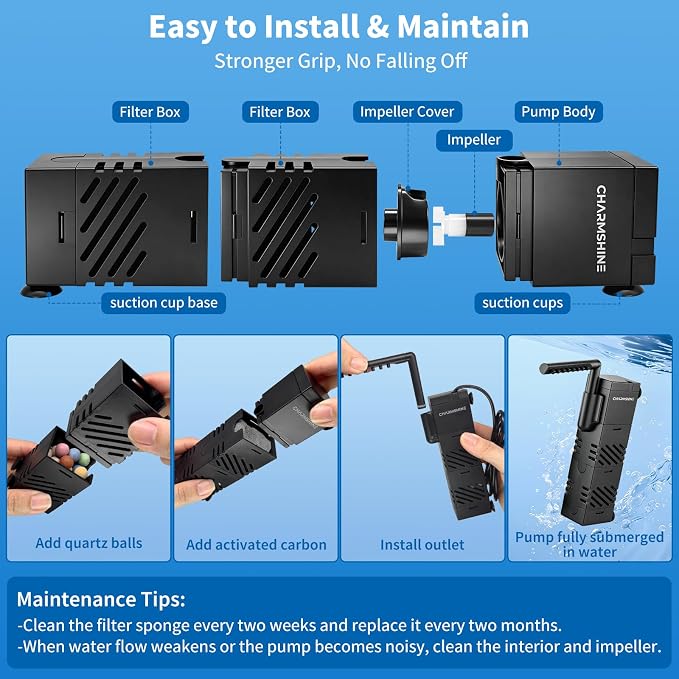5-in-1 Aquarium Submersible Filter for 3-5 Gallon Fish Tank Ultra-Quiet Small Internal Aquarium Filter, Dual Suction Cups, Multi-Function Outlet, with Reusable Filter Media 3W 80GPH