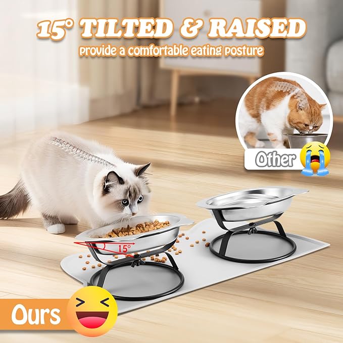 Elevated Cat Bowls with Non-Slip Mat - 7.1" Wide Whisker Friendly Dishes, Neck Stress-Free, Raised Stainless Steel Bowls for Flat-Faced/Senior Cats & Small Dogs, Indoor/Travel Use, 2-Pack