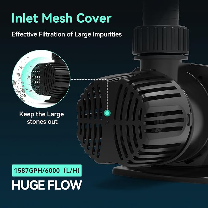 1587 GPH Submersible Water Pump, 55W Pond Pump, Ultra-Quiet Fountain Pump | 16.5FT. Lift Height for Koi Pond Pool, Waterfall, Fish Tank, Hydroponic, Ultra Quiet, Barrier Bag & 16.5FT Power Cord