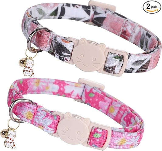 Elegant little tail 2 Pack Cat Collar-Pink Floral Print Cotton Breakaway Cat Collars with Bell Pendant Kitten Safety Adjustable Collar for Small Cats Puppy