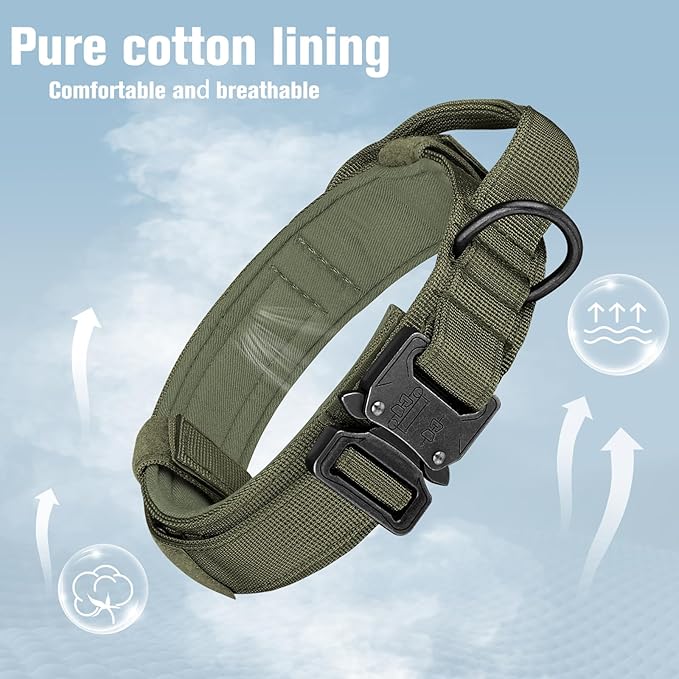 HYDEME Tactical Dog Collar Adjustable Nylon Collar with Control Handle and Heavy Metal Buckle for Medium and Large Dogs, with Patches&Airtags Case&Poop Bag Dispenser&Portable Bowl. (M, Green)