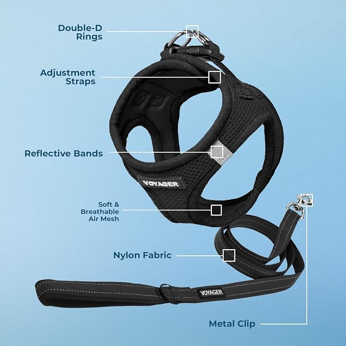 Best Pet Supplies Voyager Step-in Air All Weather Mesh Harness and Reflective Dog 5ft Leash Combo with Neoprene Handle, for Small, Medium and Large Breed Puppies - Black, X-Small