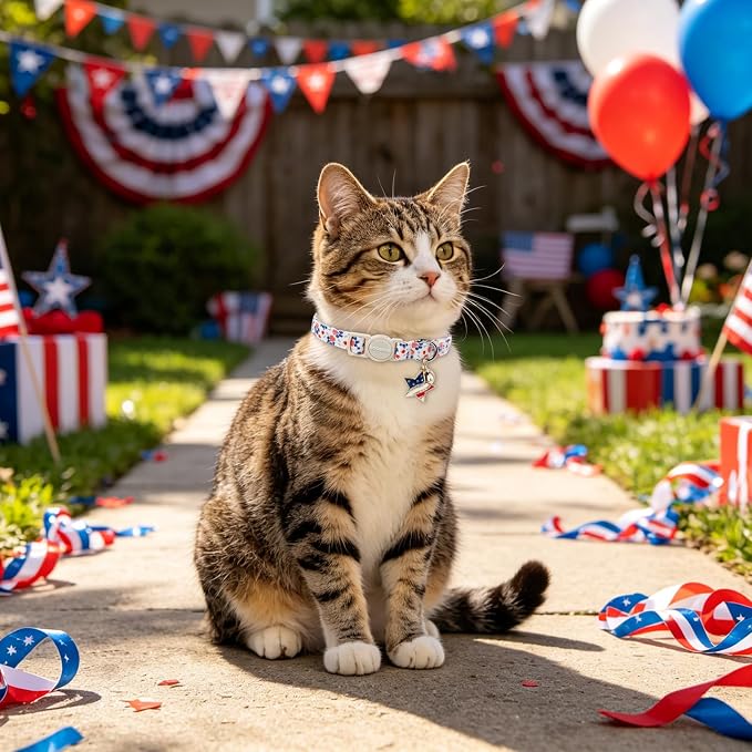 2 Pack Independence Kitten Collar Breakaway with Bell, Adjustable Safety Striped Star Flag Cat Cotton Collar for Girl Boy Cat and Small Pet，Adjustable Kitten Collar 7-12 Inch