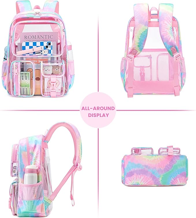 MUSEVOS Clear Backpack for School, Heavy Duty Clear Bookbag for Girls Boys Transparent Backpack with Badge Holder, Pink Tie-dye