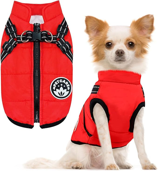 PETCARE Winter Dog Coat with Harness Built in Waterproof Dog Jackets Warm Pet Fleece Vest Windproof Snow Jacket Snowsuit Reflective Dogs Cold Weather Coats for Puppy Small Medium Large Dogs Cats