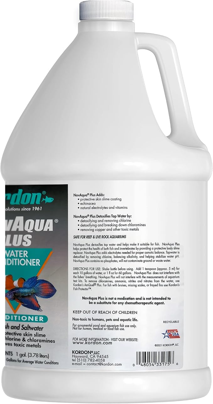 Kordon NOVAQUA Plus - Freshwater & Saltwater Aquarium Water Conditioner – Instantly Detoxifies Chlorine, Chloramines, & Heavy Metals, Replaces Fish Slime Coat, Reduces Fish Stress, 1-Gallon