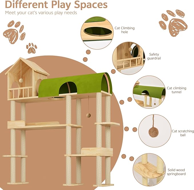 Cat Tree for Automatic Litter Box, 60Inch Large Cat Tower for Heavy Cats up to 22lbs, Solid Wood Cat Shelf with Condo, Space-Saving for Indoor Multi-Pet Households, Stops Furniture Scratching