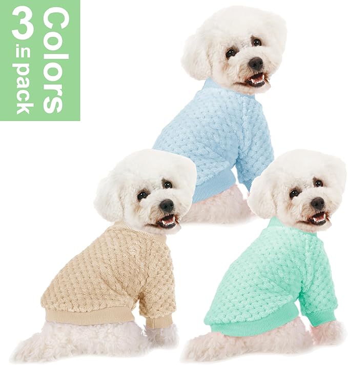 POMIU Dog Sweater, Dog Sweaters for Small Medium Dogs or Cat, Warm Soft Flannel Pet Clothes for Dogs Girl or Boy, Dog Shirt Coat Jacket (Ice Blue+Light Coffee+Teal, X-Small)