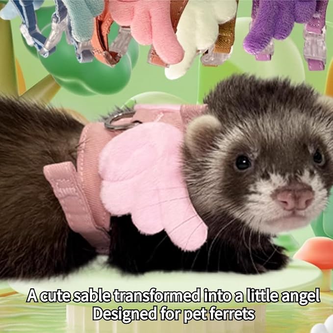 Ferret Harness Leash with Adjustable Buckle Soft Breathable Pure Cotton Cloth Walking Vest with Angel Wings for Small Pet Squirrel Guinea Pig Rabbit Kitten (Pink)