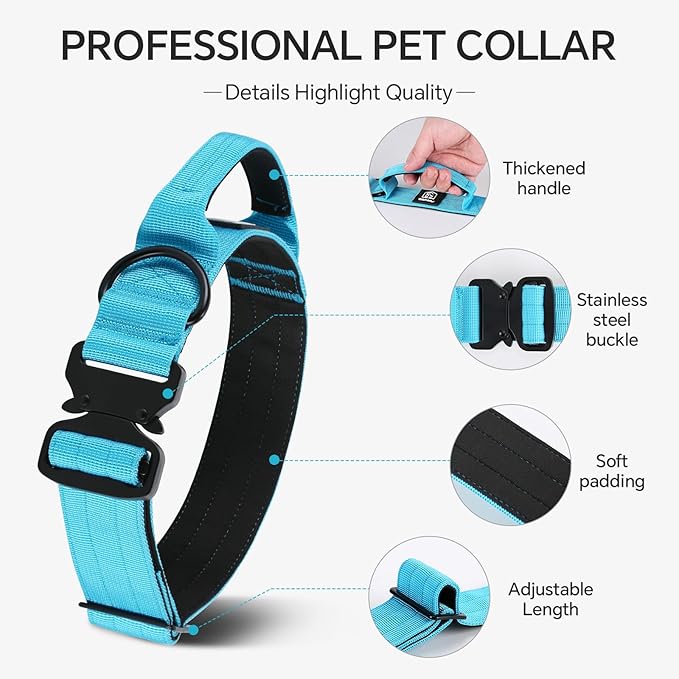 Tactical Thick Dog Collar, Adjustable Training Nylon Dog Collar, Heavy Duty Metal Buckle & Control Handle for Small Medium Large Dogs (M, Blue)