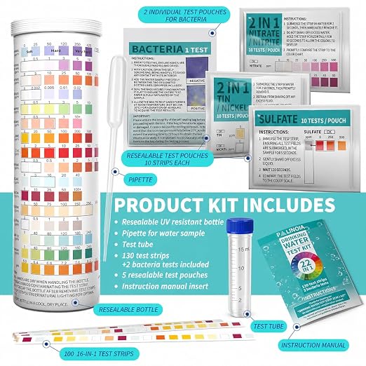 22 in 1 Drinking Water Test Kit 130 Strips - Well, Tap, Home, Swimming Pool, Hot Tub Testing Strip for Flouride, Lead, Hardness, Chlorine, Iron, Copper & More