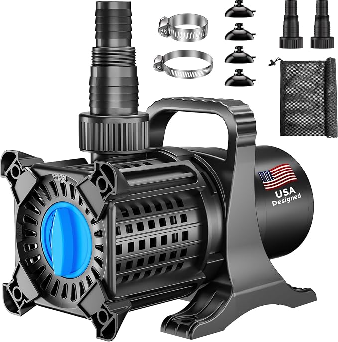 Pond Pump, 2600 GPH Adjustable Flow Submersible Water Pump with Filter Bag, Copper Motor, IPX8 Waterproof for Outdoor Koi Pond, Fountain, Waterfall, Hydroponics