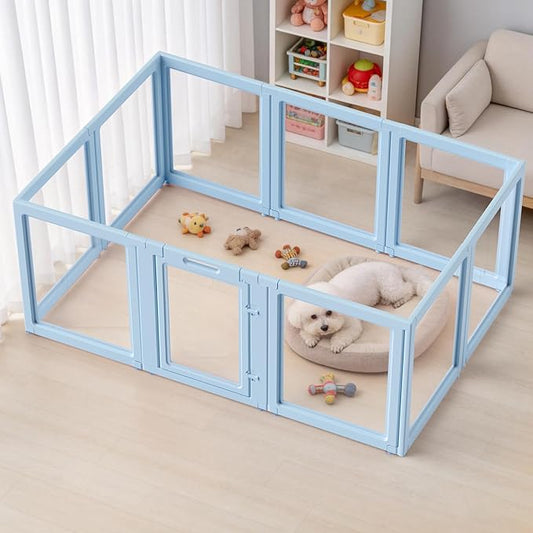 DIY Clear Acrylic Dog Playpen House,Quick Easy Assembly and Disassembly,Strong Floor Suction,Indoor and Outdoor Use,Easy Cleansing Puppy Fence (Sky Blue, 30.3" H, 10PCS)