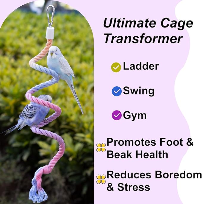 31.5" Bendable Bird Perch Cotton Rope Sunset Bird Toy Twistable Ladder Swing Chewable Gym for Parakeets Cockatiels Conures Lovebirds
