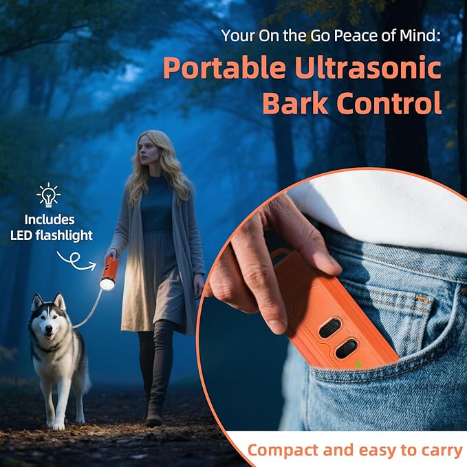 Ultrasonic Anti Barking Device for Dogs - LED Light, Compact & Portable Bark Deterrent Device for Indoor/Outdoor Use, Effective for Your Dog and Neighbor’s Dog Bark Control (Orange)