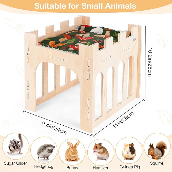 Bienbee Guinea Pig Hideout, Large Wooden Guinea Pig House with Soft Mat for Small Animals Bunny Hamster Chinchilla Ferret Rabbit Hedgehog Squirrel Guinea Pigs Accessories