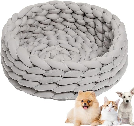 Woven Dog Bed Basket, Knitted Cotton Cat Bed Round Washable Woven Cat Pet Bed Chunky Dog Basket, Orthopedic, Chunky Knit Dog Nest,Dog Bed,Dog Cave,Dog Bedding(Gray,19")