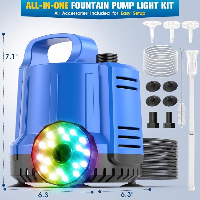 2026 Upgraded Pond Pump,Submersible Water Pump for Fountain Light-Deep Blue | 2-in-1 Pool Cover Pump with Fountain Light,Sump Pumps for Pool Draining,Pond Fountain Pumps Outdoor,Auto Water Sensor, 16ft