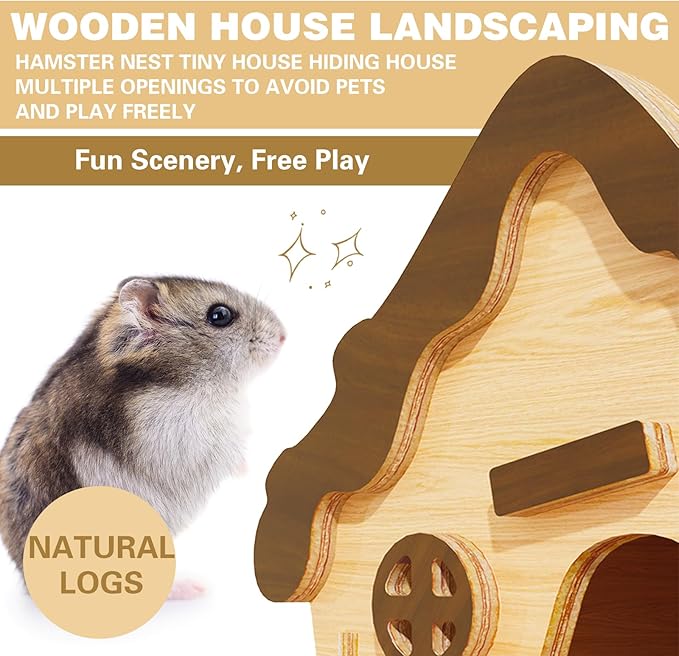 Wooden Hamster Platform and Dwarf Hamster House,Cute Syrian Hamster Tiny House Hideout,Large Balcony Lookout Holes,for Dwarf Gerbils and Mouse Mice Rat Other Small Animals(A)