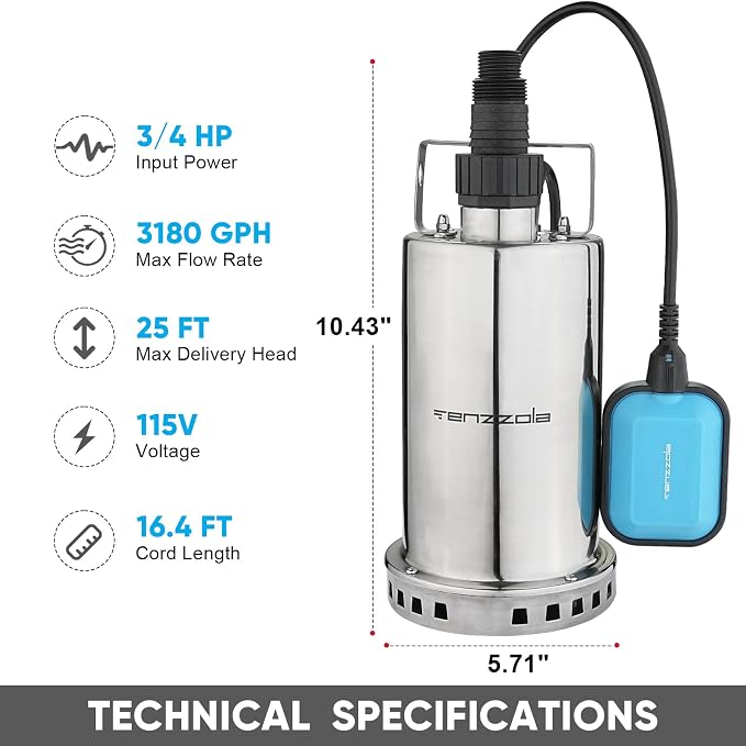 Sump Pump, 3/4 HP 3180GPH Submersible Utility Water Pump, Stainless Steel Portable Electric Water Removal Transfer Pump with 16.4FT Cord for Swimming Pool Basement Garden Pond Tubs Draining