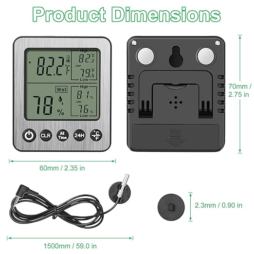 Digital Dual Channel Thermometer Hygrometer, Detachable Temp-Only Probe, 24H & All-Time Min Max Memory Fridge Reptile Tank Wine Cellar Greenhouse Garage Bedroom zz20 White 1 Pack