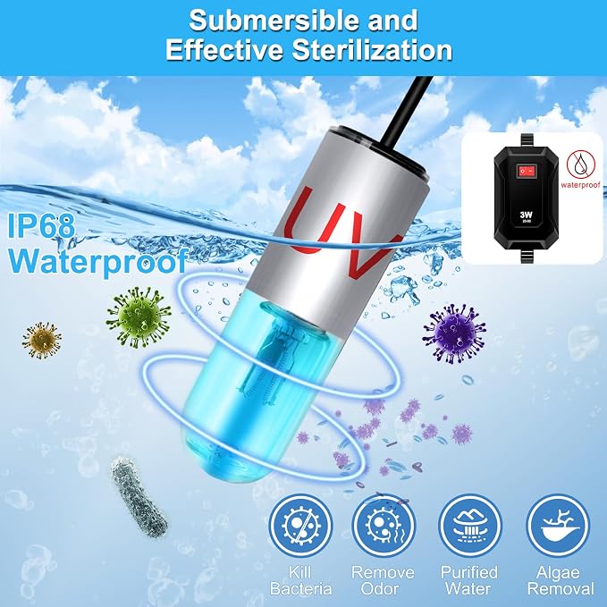 Aquarium Clean Light，3 W mini &13W Submersible Light with UV Test Card,Aquarium Water Clean Green Clear Waterproof Clean Lamp for Pond,Swimming Pool,Indoor (3W MINI)