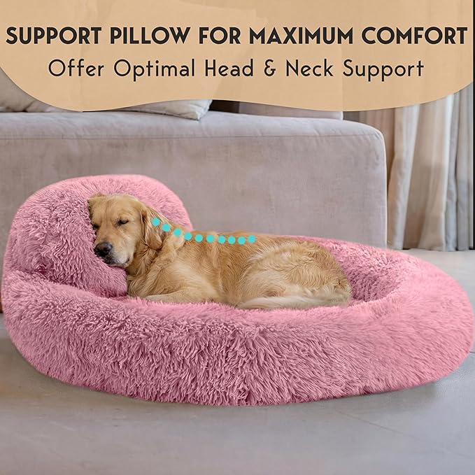 PetJett XL Dog Beds for Large Sized Dog - 45'' Extra Large Dog Bed, Anti-Slip & Washable Super Soft Round Donut Bed, Fluffy Faux Fur Anti-Anxiety Premium Comfort Pet Bed, Fits Dogs up to 120 lbs