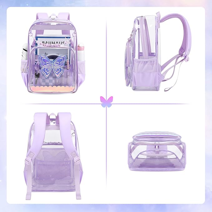 MUSEVOS Clear Backpack, Clear Bookbag for School PVC Heavy Duty Transparent Backpack for Girls, Purple Butterfly